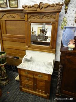 WALNUT VICTORIAN MARBLE TOP WASHSTAND WITH MIRROR; BURL WALNUT WITH WALNUT POPPY FLORAL ATTACHED