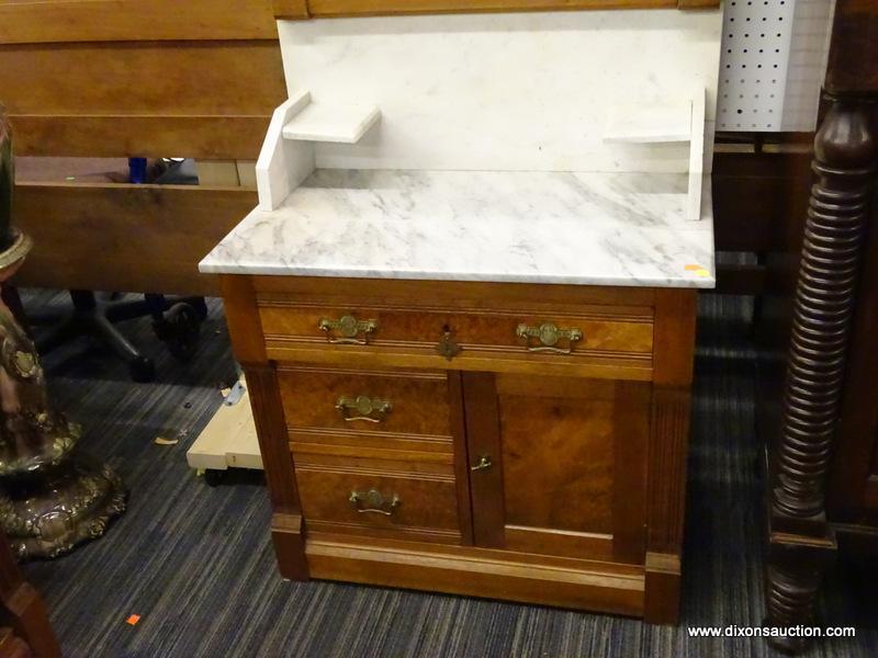 WALNUT VICTORIAN MARBLE TOP WASHSTAND WITH MIRROR; BURL WALNUT WITH WALNUT POPPY FLORAL ATTACHED