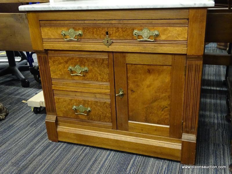 WALNUT VICTORIAN MARBLE TOP WASHSTAND WITH MIRROR; BURL WALNUT WITH WALNUT POPPY FLORAL ATTACHED