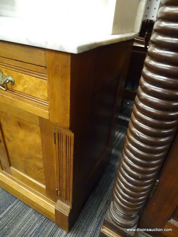 WALNUT VICTORIAN MARBLE TOP WASHSTAND WITH MIRROR; BURL WALNUT WITH WALNUT POPPY FLORAL ATTACHED