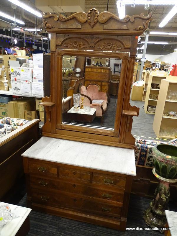 WALNUT VICTORIAN MARBLE TOP 3 OVER 2 DRAWER DRESSER; WITH AN ATTACHED WALNUT POPPY FLORAL CARVED TOP