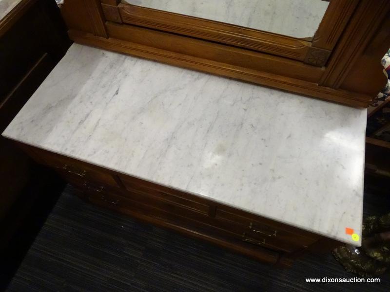 WALNUT VICTORIAN MARBLE TOP 3 OVER 2 DRAWER DRESSER; WITH AN ATTACHED WALNUT POPPY FLORAL CARVED TOP