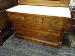 WALNUT VICTORIAN MARBLE TOP 3 OVER 2 DRAWER DRESSER; WITH AN ATTACHED WALNUT POPPY FLORAL CARVED TOP