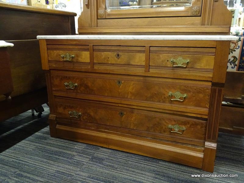 WALNUT VICTORIAN MARBLE TOP 3 OVER 2 DRAWER DRESSER; WITH AN ATTACHED WALNUT POPPY FLORAL CARVED TOP