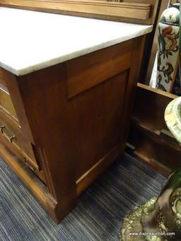 WALNUT VICTORIAN MARBLE TOP 3 OVER 2 DRAWER DRESSER; WITH AN ATTACHED WALNUT POPPY FLORAL CARVED TOP