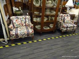 PAIR OF FLORAL QUEEN ANNE ARM CHAIRS; FLORAL AND STRIPE PATTERNED ARMCHAIRS WITH MATCHING ACCENT