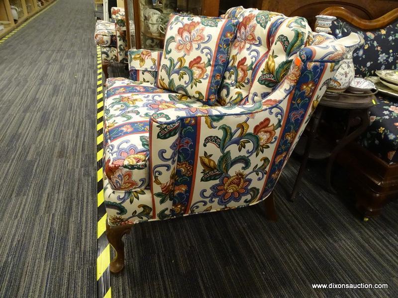 PAIR OF FLORAL QUEEN ANNE ARM CHAIRS; FLORAL AND STRIPE PATTERNED ARMCHAIRS WITH MATCHING ACCENT