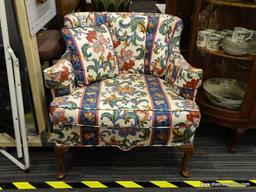 PAIR OF FLORAL QUEEN ANNE ARM CHAIRS; FLORAL AND STRIPE PATTERNED ARMCHAIRS WITH MATCHING ACCENT