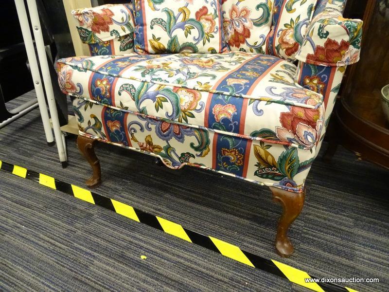 PAIR OF FLORAL QUEEN ANNE ARM CHAIRS; FLORAL AND STRIPE PATTERNED ARMCHAIRS WITH MATCHING ACCENT