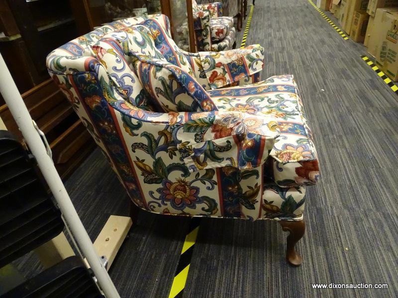 PAIR OF FLORAL QUEEN ANNE ARM CHAIRS; FLORAL AND STRIPE PATTERNED ARMCHAIRS WITH MATCHING ACCENT