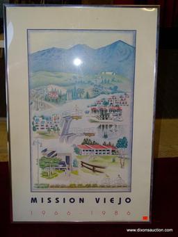 MISSION VIEJO 1966-1986; DORIAN. ADVERTISING POSTER PRINT. AMERICAN 1986. FRAME IS SILVER WITH