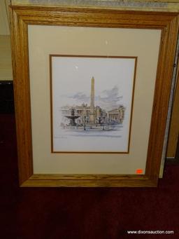 PLACE DE LA CONCORDE MADS STAGE; PENCIL AND WATERCOLOR PRINT. DANISH 20TH C. DOUBLE MATTED IN BROWN