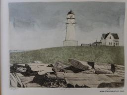 LIGHTHOUSE PEN & INK WATERCOLOR PRINT; 20TH C. DOUBLE MATTED IN CREAM AND GREY WITH A RUSTIC DARK