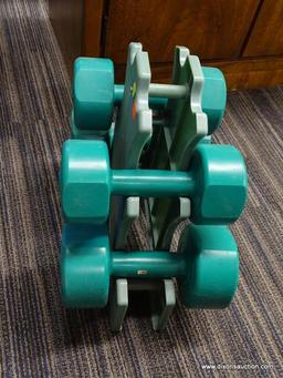 (R1) HAND WEIGHTS SET; TEAL IN COLOR, INCLUDES STAND, PAIR OF 5 LB WEIGHTS, AND PAIR OF 8 LB