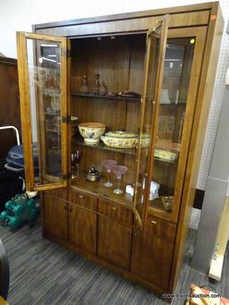 (R1) CONTEMPORARY CHINA CABINET; 4 GLASS PANES ACROSS FRONT, CENTER 2 OPEN OUTWARE TO REVEAL 2
