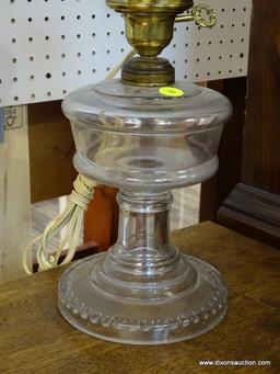 (R1) VINTAGE GLASS TABLE LAMP; WITH BULB, BUT NO GLASS SHADE INCLUDED. CLEAR GLASS WITH BRASS