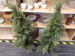 (R1) PAIR OF POTTED ARTIFICIAL EVERGREEN TREES; EACH MEASURES ABOUT 48 IN TALL (4 FT). PLANTED POT