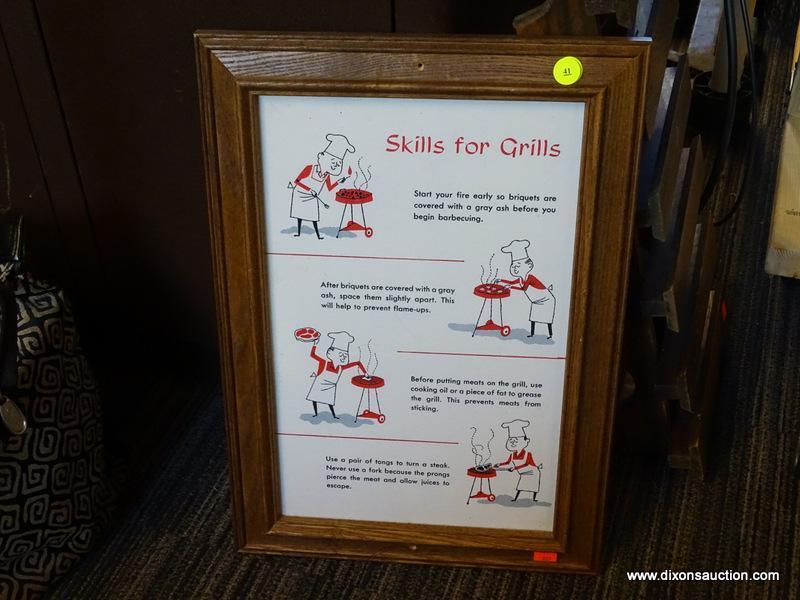 (R1) FRAMED "SKILLS FOR GRILLS" IMAGE; HANDY TIPS FOR ANY NOVICE OR PRO GRILL MASTER. IN A WOODEN