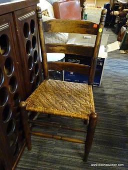 (R1) VINTAGE SIDE CHAIR WITH WOVEN RATTAN SEAT; TURNED EARS WITH 3 LADDER SLATS BETWEEN AT THE BACK,