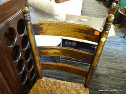 (R1) VINTAGE SIDE CHAIR WITH WOVEN RATTAN SEAT; TURNED EARS WITH 3 LADDER SLATS BETWEEN AT THE BACK,