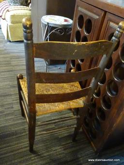 (R1) VINTAGE SIDE CHAIR WITH WOVEN RATTAN SEAT; TURNED EARS WITH 3 LADDER SLATS BETWEEN AT THE BACK,