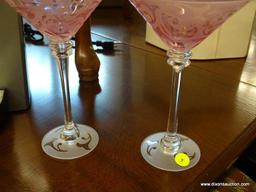 (R1) PATTERNED PINK FROSTED MARTINI GLASSES; SET OF 2, EACH IS SIGNED ON UNDERSIDE BY MICHAEL WEEMS