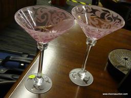 (R1) PATTERNED PINK FROSTED MARTINI GLASSES; SET OF 2, EACH IS SIGNED ON UNDERSIDE BY MICHAEL WEEMS