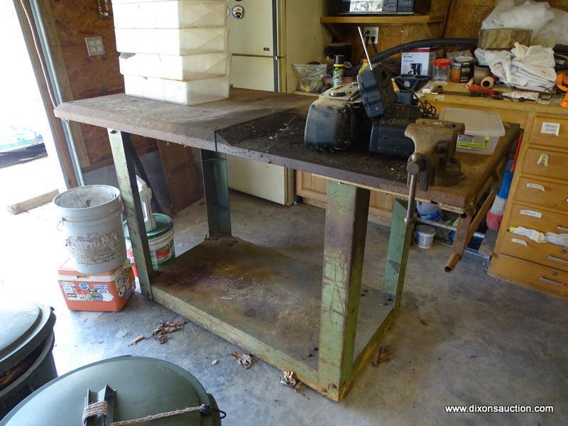 (GAR) WORK BENCH; STEEL WORK BENCH WITH ATTACHED VISE- 72 IN X 34 IN X 44 IN