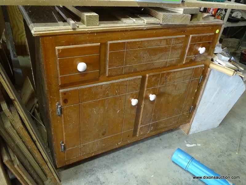 (GAR) CABINET; PINE CABINET BASE WITH 2 DRAWERS AND 2 DOORS, MEASURES 37 IN X 22 IN X 32 IN. GREAT