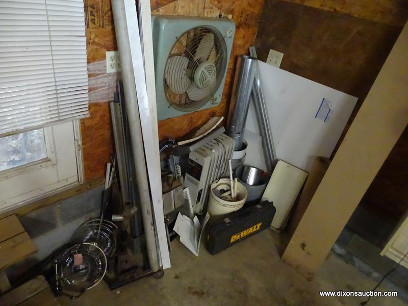 (GAR) WALL LOT; LOT ALONG BACK WALL TO INCLUDE ELECTRIC HEATER, NEW STOVE PIPE, PVC PIPE PARTS AND