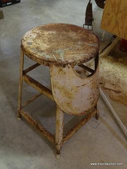 (GAR) STOOL; UNUSUAL VINTAGE METAL STOOL WITH FOLD DOWN BACK SUPPORT, MEASURES 21 IN H