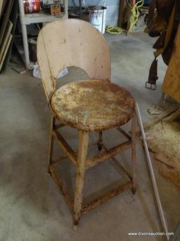 (GAR) STOOL; UNUSUAL VINTAGE METAL STOOL WITH FOLD DOWN BACK SUPPORT, MEASURES 21 IN H