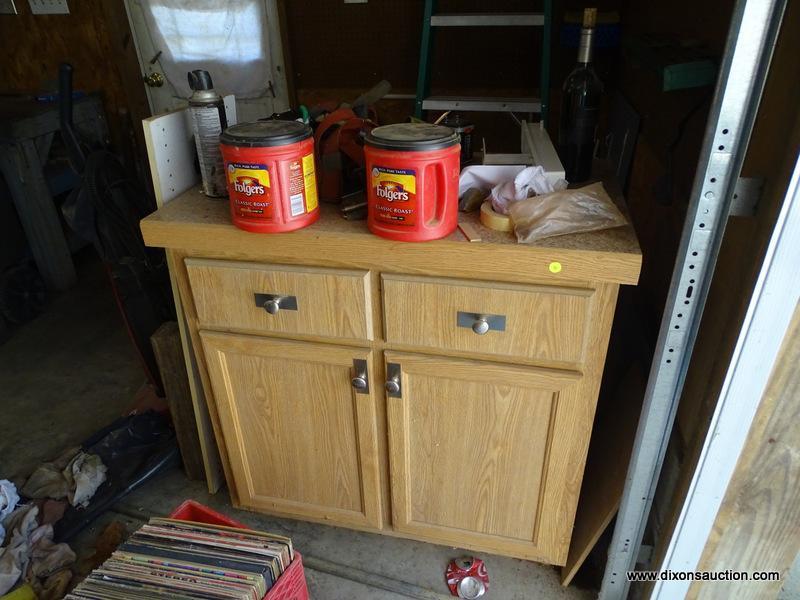 (GAR) CABINET; OAK CABINET WITH FORMICA TOP, GREAT FOR A SHOP, MEASURES 36 IN X 22 IN X 36 IN