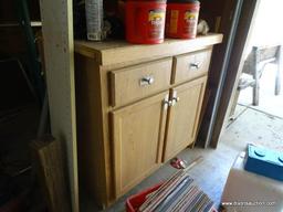 (GAR) CABINET; OAK CABINET WITH FORMICA TOP, GREAT FOR A SHOP, MEASURES 36 IN X 22 IN X 36 IN