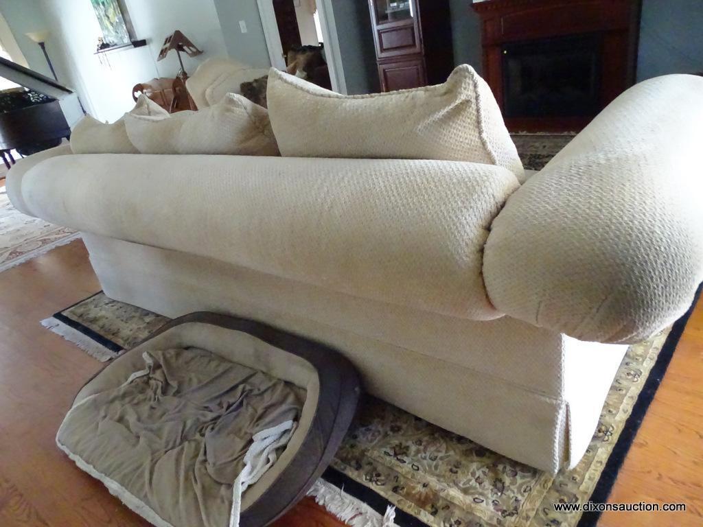 (LR) CLASSICS BY SWAIM 3-CUSHION PILLOW BACK SOFA; LOVELY BEIGE UPHOLSTERY WITH TAN ROPED TRIM.