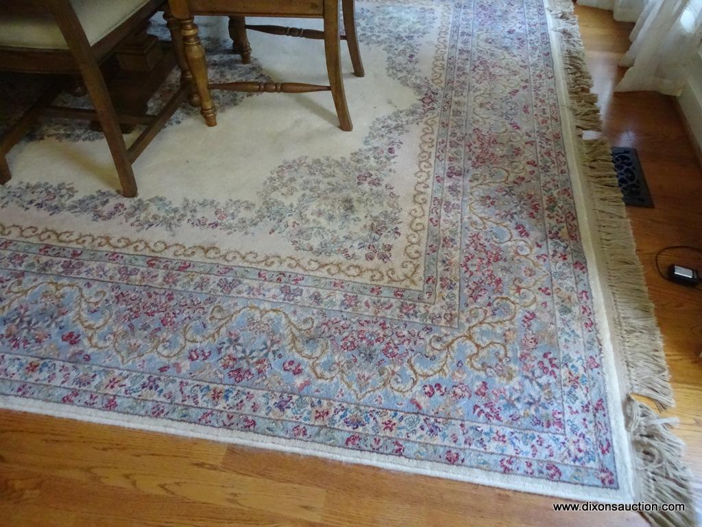 (DR) PALACE RUG; LARGE CREAM COLORED HAND KNOTTED AREA RUG WITH LIGHT BLUE, MAUVE, AND GOLD BORDER