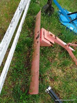 METAL TRACTOR BLADE; FADED RED REAR TRACTOR BLADE ATTACHMENT. MEASURES 72 IN X 13 IN X 46 IN.