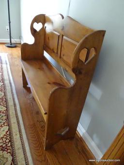 (LR) SMALL WOODEN HIGH BACK BENCH; MADE OF SOLID PINE WITH DOUBLE ARCHED TOP RAIL, BEVELED PANEL