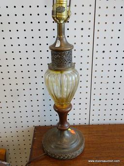 VINTAGE BRASS, WOOD, AND GLASS TABLE LAMP; PIERCED BORDER TRIM, FLUTED GLASS URN SHAPED PORTION IN