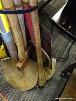 ASSORTED HAND TOOL LOT; INCLUDES SHOVELS, AN AX, PITCHFORK, HOE, ETC.