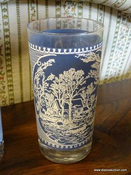 CURRIER & IVES BLUE TUMBLERS; TOTAL OF 8. BLUE IN COLOR AND ALL ARE IN EXCELLENT CONDITION! RETAIL