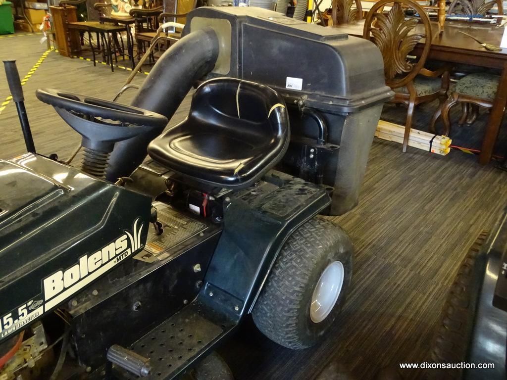 BOLENS LAWN TRACTOR; DARK GREEN IN COLOR BOLENS BY MTD 15.5 HP LAWN TRACTOR. 38 IN CUT, 6 SPEED