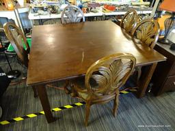 SQUARE DINING TABLE WITH CHAIRS; TABLE HAS SQUARE BLOCK STYLE FEET AND MEASURES 60 IN X 60 IN X 30