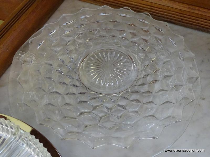 (DR) VINTAGE GLASS SERVING TRAYS LOT; 4 TOTAL ITEMS INCLUDING A FOSTORIA AMERICAN CUBE PATTERNED