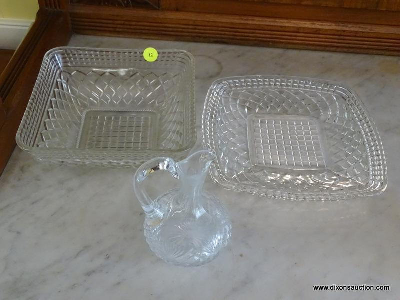 (DR) CUT GLASS LOT; INCLUDES 3 TOTAL PIECES SUCH AS CUT GLASS CRUET, SQUARE DIAMOND PATTERNED BOWL,