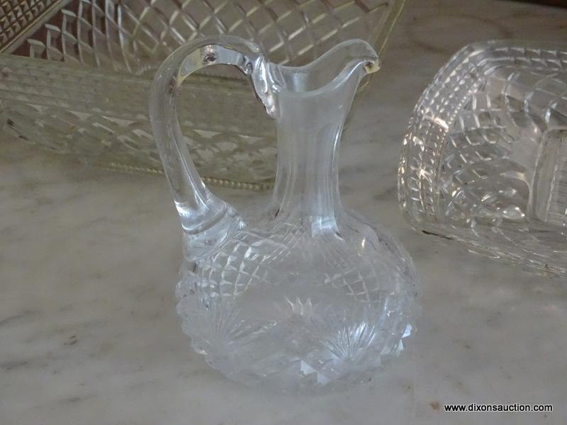 (DR) CUT GLASS LOT; INCLUDES 3 TOTAL PIECES SUCH AS CUT GLASS CRUET, SQUARE DIAMOND PATTERNED BOWL,