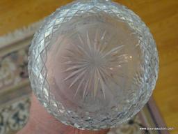 (DR) CUT GLASS LOT; INCLUDES 3 TOTAL PIECES SUCH AS CUT GLASS CRUET, SQUARE DIAMOND PATTERNED BOWL,