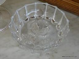 (DR) CUT GLASS LOT; INCLUDES 3 PIECES SUCH AS PATTERNED CRUET, PEDESTAL COMPOTE DISH, AND ROUND BOWL