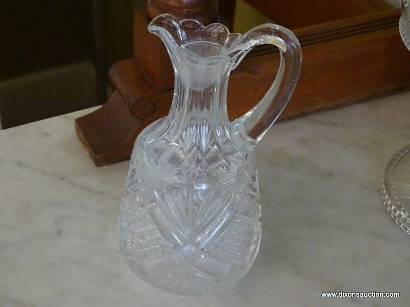 (DR) CUT GLASS LOT; INCLUDES 3 PIECES SUCH AS PATTERNED CRUET, PEDESTAL COMPOTE DISH, AND ROUND BOWL