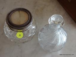 (DR) VINTAGE GLASS VANITY POWDER JAR AND SMALL DECANTER WITH STOPPER; ROUND THUMBPRINT GLASS POWDER